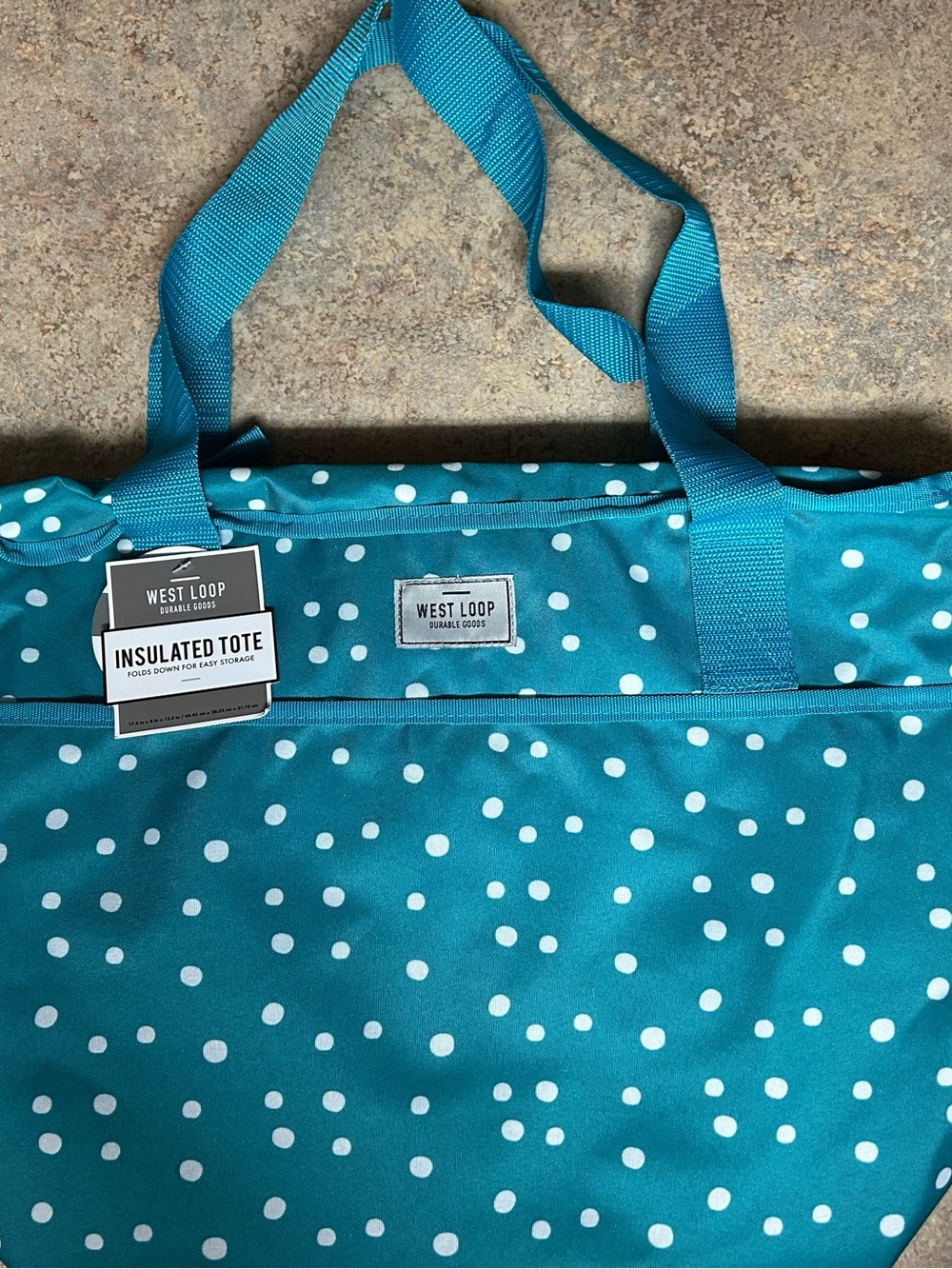 west loop teal with white polka dot insulated tote